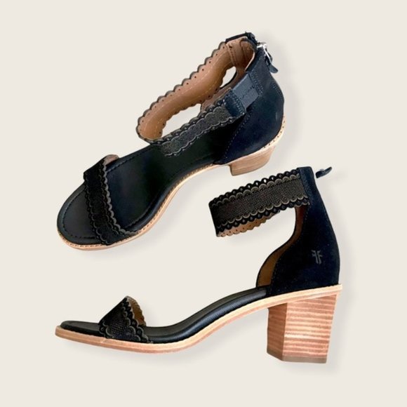 $349 Frye Black Brielle Black Scallop Suede Leather Zip Up Heeled Formal Sandals - Picture 10 of 16